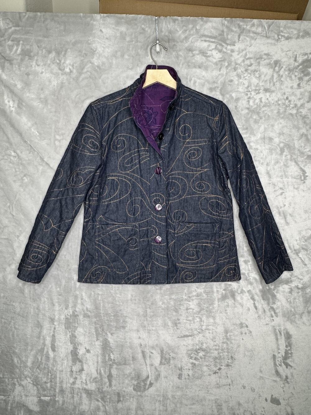 Casual Studio Jacket Womens Small Blue Denim Quilted Reversible Floral Boho
